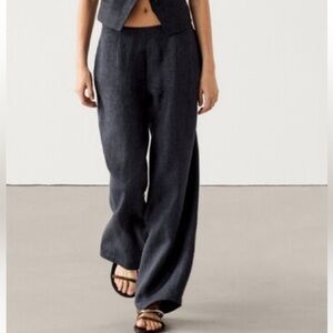 NWOT Massimo Dutti Women's 100% Linen Barrel Co-Ord Trouser Dark Blue